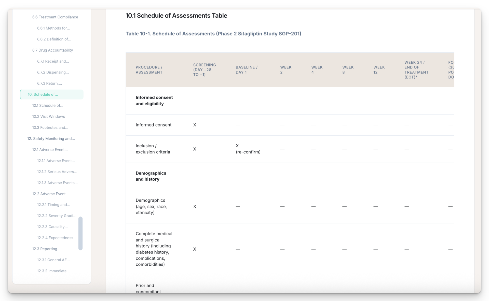Schedule of Assessments table showing procedures, visits, and timeline structure